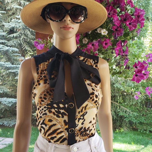 REBECCA MINKOFF! 100% silk sleeveless animal print with bow tie - Picture 8 of 14